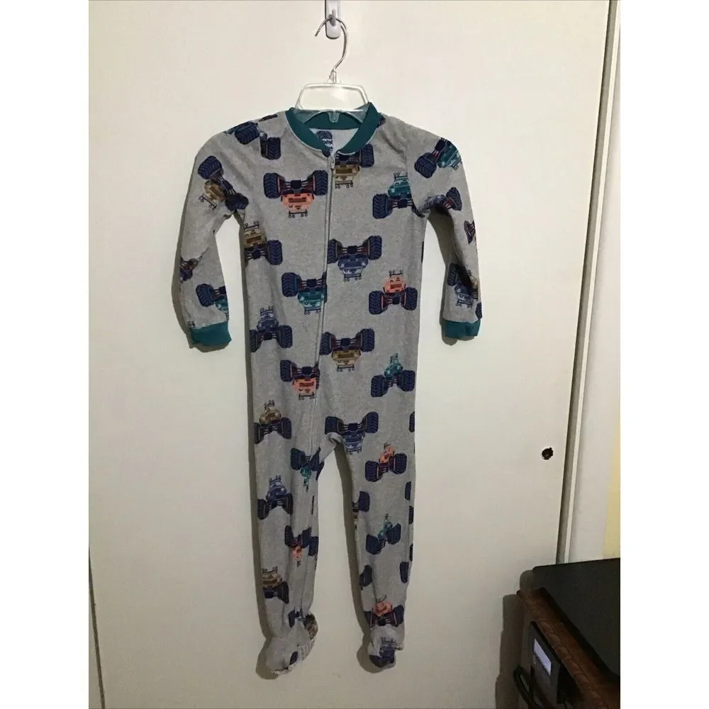 EUC  Set of 2 dinosaur skulls/monster trucks‎ pajamas Size 5, sleeper footed